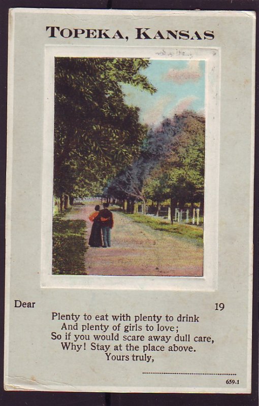 P1411 1912 used postcard topeka kanas plenty food drinks and girls to love