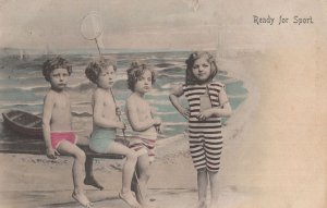 Ready For Sport Children in Edwardian Swimming Fashion Fishing Old Postcard