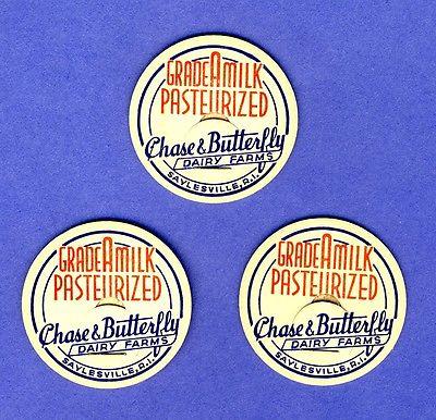 3 Chase & Butterfly Dairy Farm Milk Bottle Caps,Saylesville, Rhode Island/RI