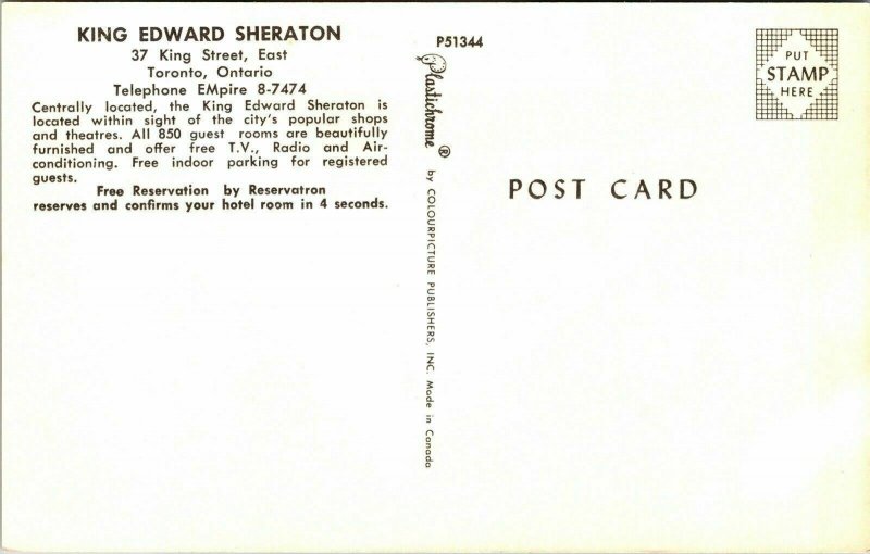 Toronto King Edward Sheraton Ontario Canada Postcard Plastichrome VTG UNP  