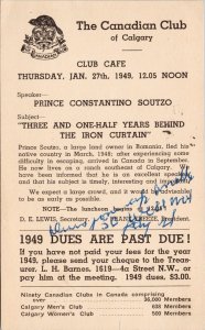 Canadian Club of Calgary Alberta 1949 Advertising Prince Soutzo Postcard H37