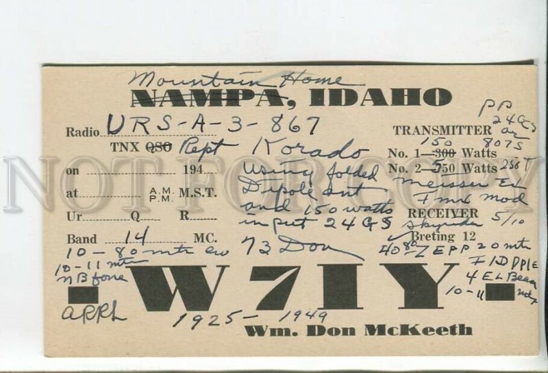 462843 1949 year USSR USA Idaho Nampa radio QSL card
