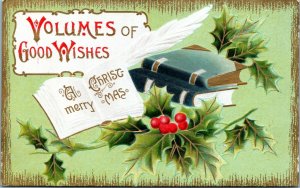 Unused Christmas Postcard 1907 Volumes of Good Wishes Books Green Gold Gilt PH