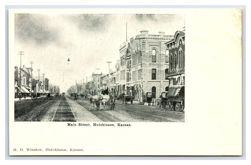 Postcard Main Street Hutchinson Kansas Horse & Buggy Trolley Tracks