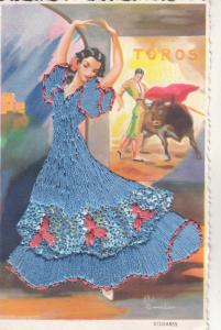 Corrida Toreador Soleares Spain Silk Embroidered Postcard Espana Retro Lady