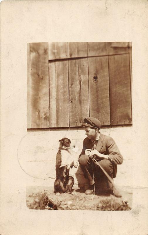 F29/ Scio Ohio RPPC Postcard c1910 Man with Pet Dog Funny