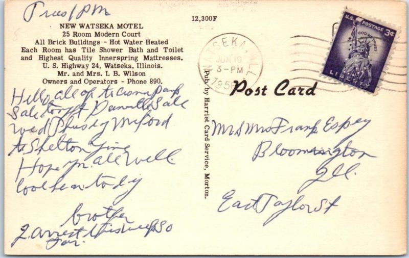 WATSEKA, Illinois  IL   Roadside  WATSEKA MOTEL  1956 Linen   Postcard