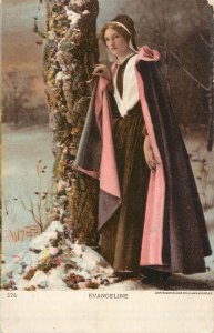 Fine art postcard painting Evangeline lady in winter nature