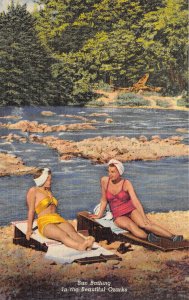 Ozarks Missouri 1940s Linen Postcard Sun Bathing Girls Bathing Suits