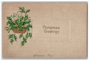 1911 Christmas Greeting Holly Berries In Basket Embossed Chicago IL Postcard