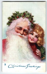 Santa Claus Christmas Postcard  Curly Haired Girl Frances Brundage Tuck Oilette