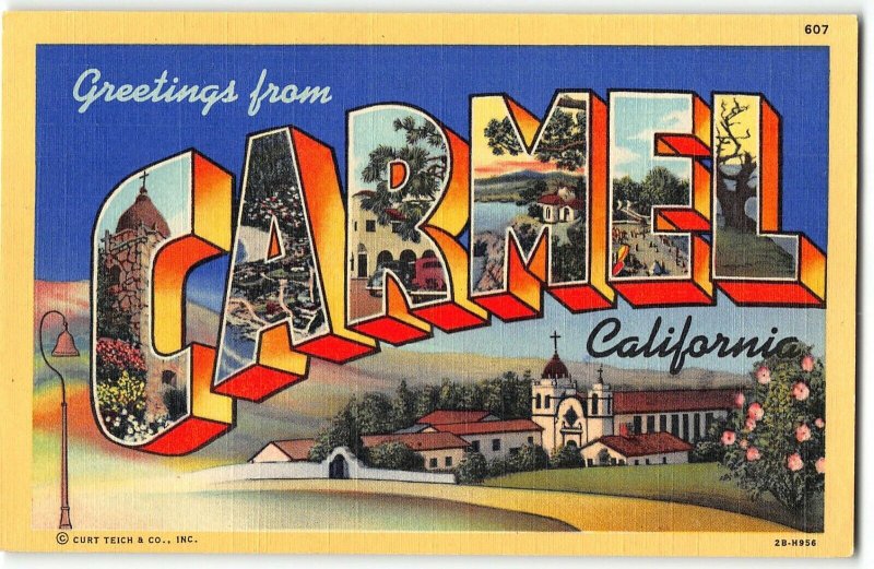 CARMEL, CALIFORNIA Large Letter Linen Postcard, Curteich 1942 - Point Lobos