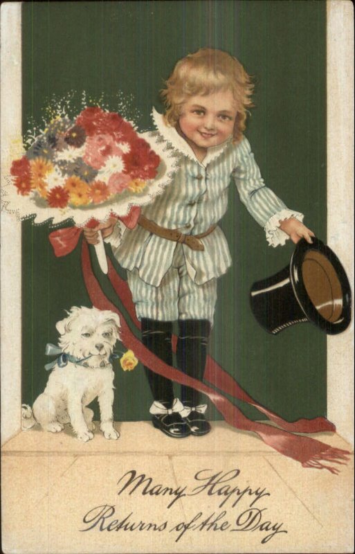 PFB Fancy Little Boy w/ His Dog Top Hat Flower Bouquet c1910 Postcard