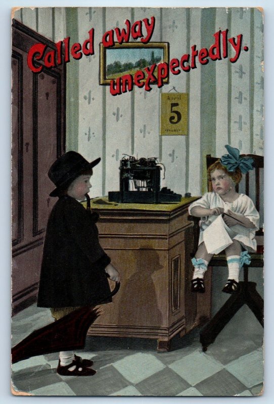 c1910's Little Men And Women Office Called Away Unexpectedly Antique Postcard