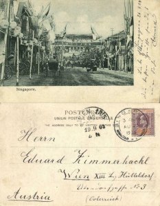 straits settlements, SINGAPORE, Street Scene Welcome Banner (1903) Postcard (1)