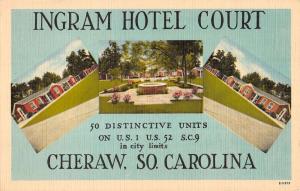 Cheraw South Carolina Ingram Hotel Court Linen Antique Postcard K27770