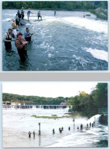 2 Postcards OSWEGO, New York NY ~ Fishing in OSWEGO RIVER Fishermen 4x6