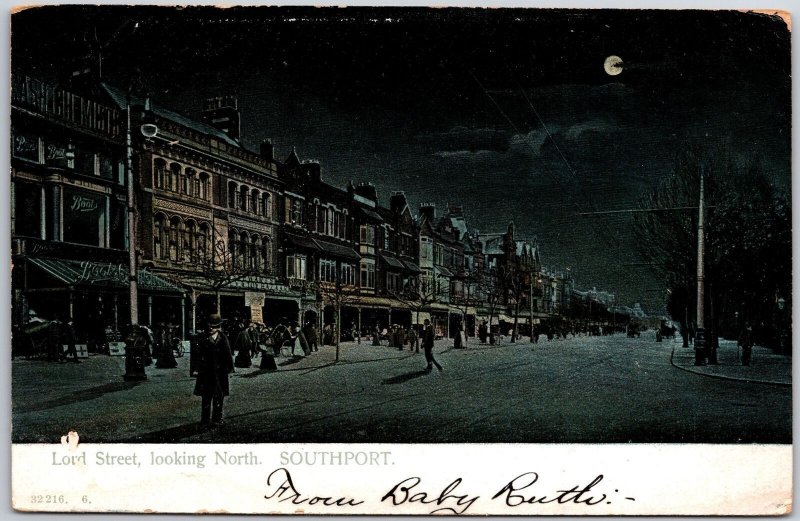 Lord Street Looking North Southport England Moonlight View Buildings Postcard