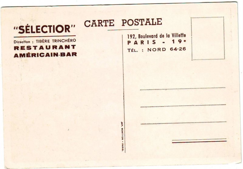 Vintage Postcard Sélector American Restaurant-Bar, Boulevard de la Villette