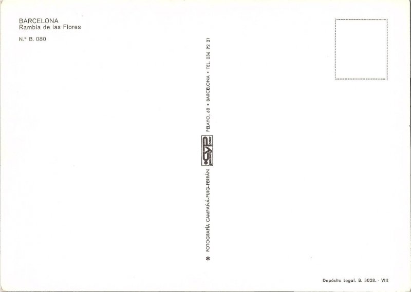 Barcelona Spain's Rambla de las Flores Flowers/Tourists Continental Postcard