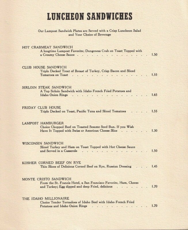 1940-50s Vintage Restaurant Menu - The LAMPOST The Boise Western Hotel Idaho