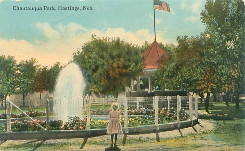 Hastings NE Hastings Park Fountain, Flowers, Flag,  Girl 1913 Litho Postcard