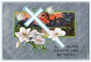 1909 Happy Easter Holy Cross White Flowers Embossed Chicago IL Antique Postcard 