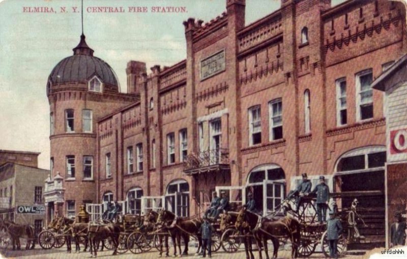 ELMIRA, NY CENTRAL FIRE STATION HORSE-DRAWN WAGONS FIRE EQUIPMENT 1911