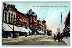 1909 Front Street and Vendome Hotel, Sarnia Ontario Canada Postcard 