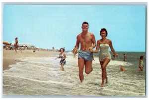 Rehoboth Beach Delaware DE Postcard Splashing Couple Bathing Scene 1954 Vintage