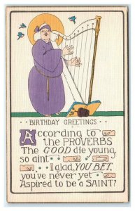 ARTS & CRAFTS Style Birthday Greeting~ Ain't I Glad? Playing a HARP  Postcard