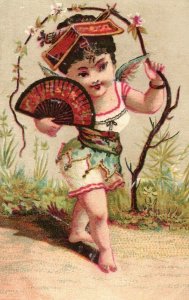 Victorian Trade Card Japanese Angel- Woman with Fan Dancing Cherry Blossoms P49