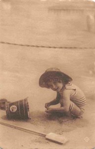 Little Girl Beach Sand Bucket Summer Day sepia tone postcard