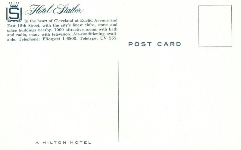 Vintage Postcard Hotel Statler Clubs Stores Office Building Rooms Cleveland Ohio