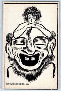 c1910's Pretty Woman Man Head Funny Face D. Hillson Signed Artist Postcard
