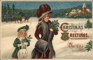 Christmas - Mother & Daughter Snowstorm MMB 15823 c1910 Embossed Postcard