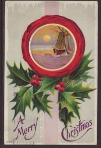 A Merry Christmas,Holly,Sailboat Postcard 