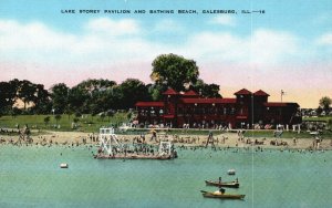 Galesburg Illinois, Lake Storey Pavilion Bathing Beach Boating Vintage Postcard