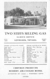 TWO STIFFS SELLING GAS STATION LOVELOCK NEVADA POSTCARD (c. 1950s)