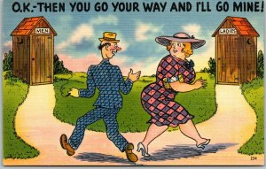 Vintage Linen Postcard Men Women Outhouse Humor UNUSED Good Coloring