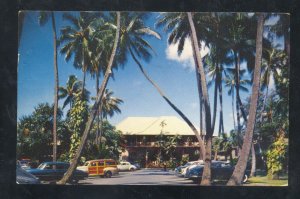 HONOLULU HAWAII HALEKULANI HOTEL WOODY WAGON OLD CARS ADVERTISING POSTCARD