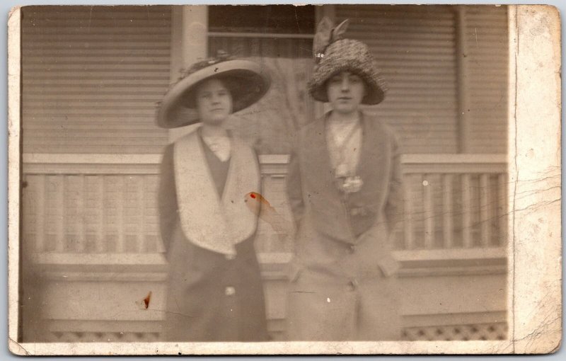 Photos, Two Women, Wearing Big Hat and Suit, Black & White, Photograph, Postcard