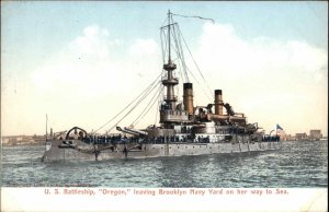 US BATTLESHIP Oregon Leaving Brooklyn Navy Yard c1910 Postcard