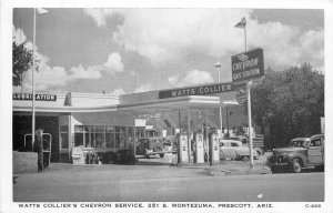 Postcard 1940s Arizona Prescott Watt's Collier Chevron gas pumps autos AZ24-3107