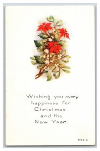 Poinsettias Mistletoe Christmas Happiness UNP DB Postcard R10