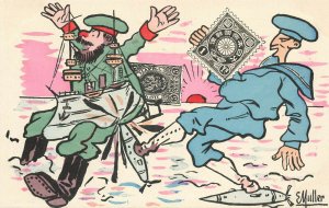 EMuller Artist Japan--Korea War Stamps Soldiers Kick In The Butt Stamps Postcard