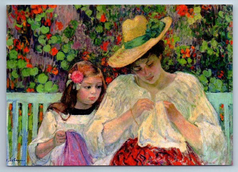 LITTLE GIRL & WOMAN sew on bench in Garden by Lebasque New Postcard