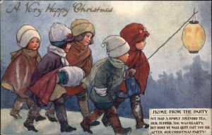 Christmas Children with Chinese Lantern Home from the Party c1910 Postcard