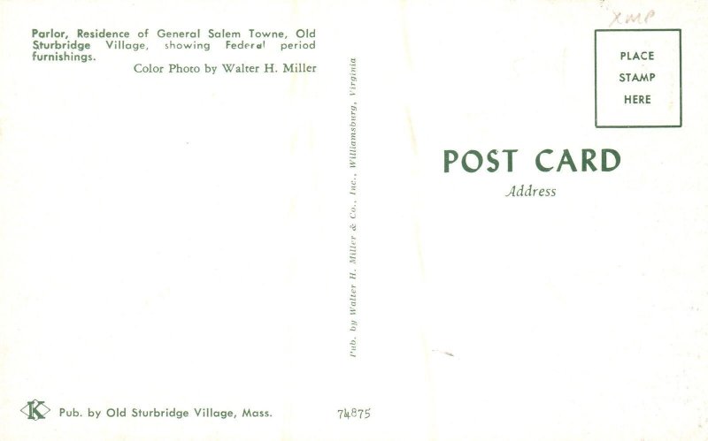 Vintage Postcard Parlor Residence General Salem Towne Sturbridge Massachusetts