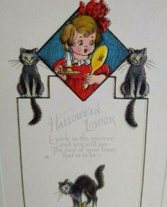 Halloween Postcard 3 Black Cats Girl With Mirror Signed E Von H Series 6027 Rare